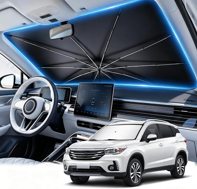 JUSTTOP Car Windshield Sunshade Umbrella - Protect Car from Sun Rays & Heat Damage Keep Cool and Protect Car Interior, Fit for Most Vehicles, Foldable Sun Shade Cover for Windshield (55“ L x 31” W) by JUSTTOP