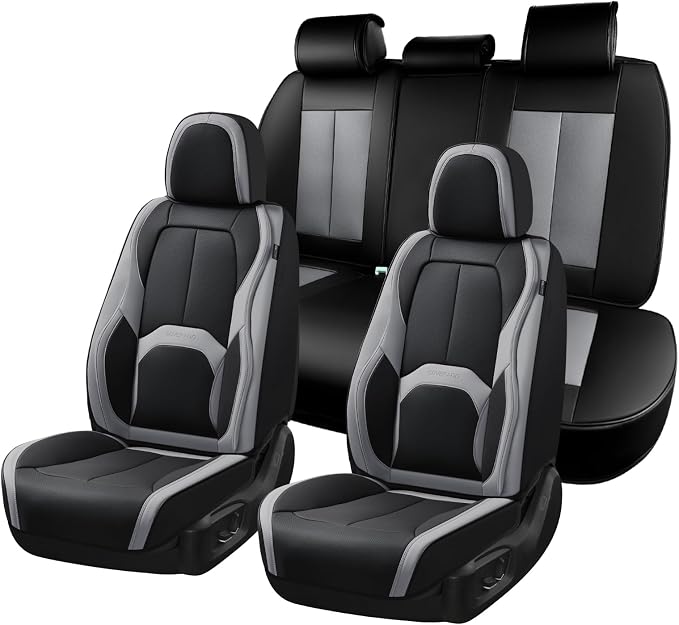 Coverado Car Seat Covers, Leather Seat Covers Full Set, Waterproof Car Seat Protector with Lumbar Support, Automotive Seat Covers Seat Cushions Universal Fit for Most Cars SUV Trucks, (Black&Beige) by COVERADOAUTO
