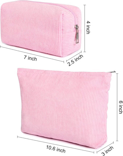 SOIDRAM 2 Pieces Makeup Bag Large Corduroy Cosmetic Bag Capacity Canvas Mix Travel Toiletry Bag Organizer Cute Makeup Brushes Aesthetic Accessories Storage Bag for Women,Corduroy Mix Hot Pink - Image 3