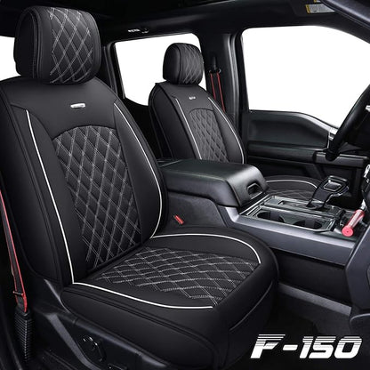 Front Car Seat Covers for Ford F150 F250 F350 F450 (Black-White) | Custom Fit 2009-2026 F150 XLT STX XL, 2017-2026 F250 F350 F450 Super Duty Crew Cab Regular Cab Super Cab, Waterproof Leather - Image 2