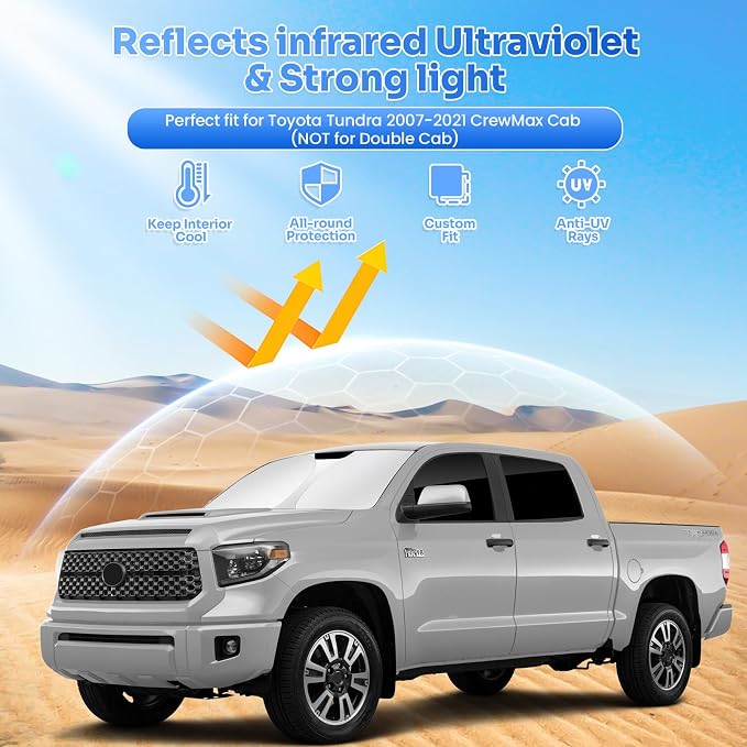 Canvcle Window Shades for 2007-2021 Toyota Tundra CrewMax Cab Accessories Windshield Sun Shade Side Rear Window Covers Sunshade Sun Shield Privacy Protection for Camping Keep Vehicle Cool Black 6PCS - Image 2