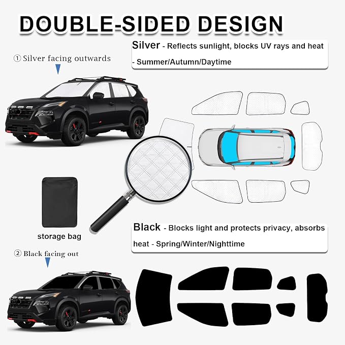 KMF Thicken Sun Shades for Nissan Rogue(Not Sport) 2021-2025 Accessories, Full Car Window Covers Sunshade for Windshield Side Rear, UV Block and Blackout Protect Privacy for Car Camping Outdoor 8pcs - Image 4