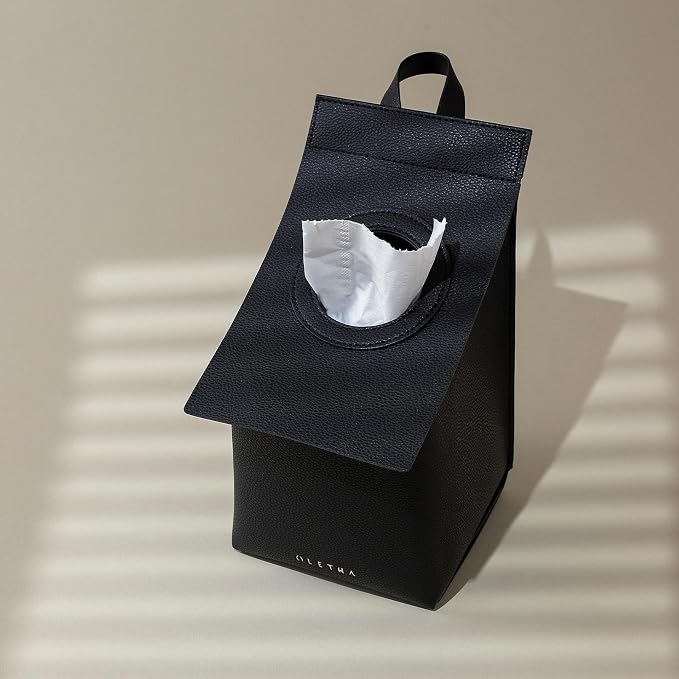 OLETHA Hanging Tissue Box Cover for Kleenex Cube Boxes, Black | Aesthetic faux leather tissue box holder hangs or stands freely; also fits Puffs; ideal for RV, camping & bath - Image 2