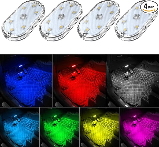 4Pcs Car LED Lights Interior Wireless, 7 Colors Interior Car Lights with 6 Bright LED Lamp Beads, Portable USB Rechargeable Car Interior Led Night Light for Car Decor by TEKSHINNY