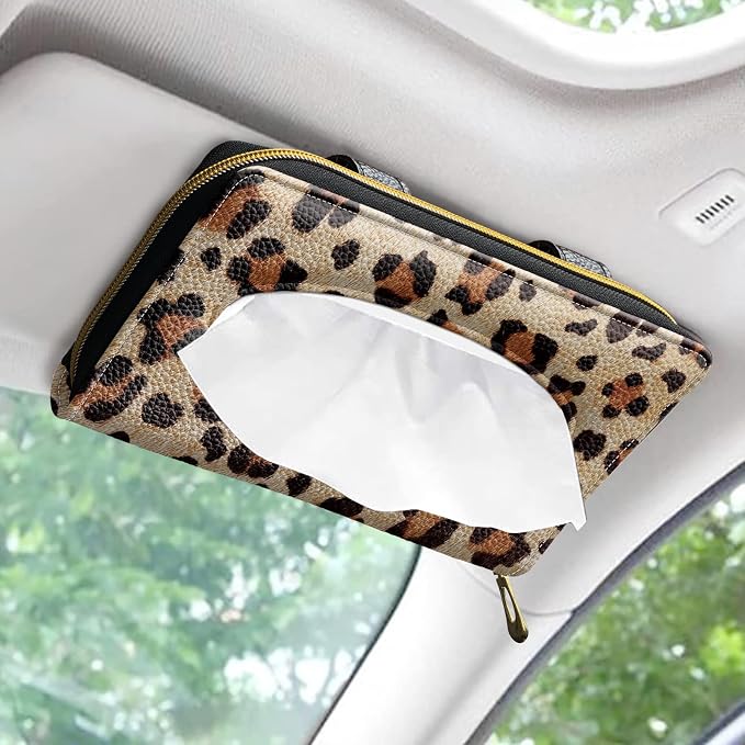 Biyejit Car Tissue Holder, Leopard Print PU Leather Hanging Paper Towel Box, Auto Napkin Holder Cover Paper Tissue Dispenser for Sun Visor & Backseat Vehicle - Image 3