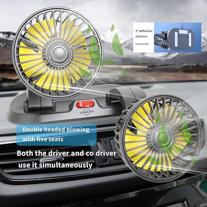 Portable 2-Head Car Cooling Fan, 12V Cigarette Lighter Plug Dashboard Fan for Vehicles Cars Trucks SUV, 360° Adjustable Heads Strong Airflow (No Battery) - Image 5