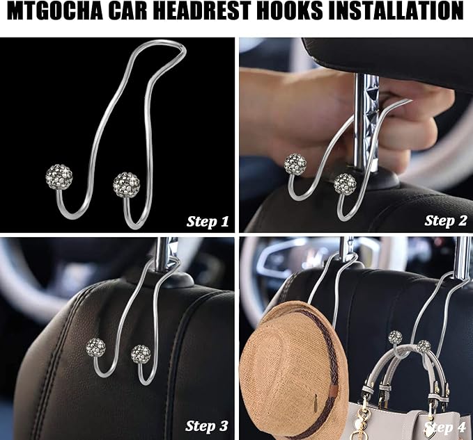 Bling Purse Hook for Car Headrest, Cute Car Seat Hooks (2Pack) | Upgraded,Durable Stainless,Car Purse Hanger,Purse holder,Rhinestones,Bag Hooks,Car Hooks for Purses and Bags Cute,Grey - Image 4
