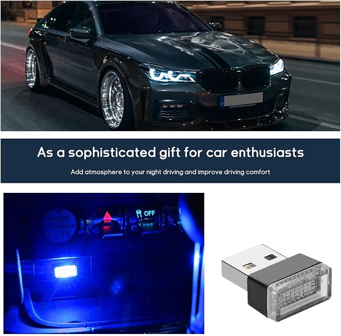 Dickno 4 PCS USB LED Car Interior Atmosphere Lamp, Portable Mini LED Night Light, Plug-in USB Interface Trunk Ambient Lighting Kit, Universal Vehicle Interior Accessories (Blue) - Image 6
