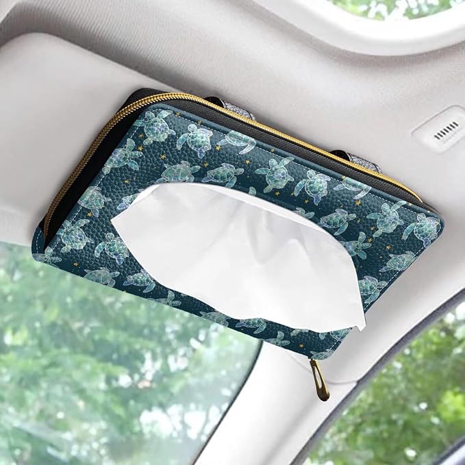 Biyejit 2 Pack Car Tissue Holder, Turtle Pattern Premium Sun Visor Napkin Case, Hanging Car Accessories Used to Organize Paper Towels and Storage Small Items - Image 2