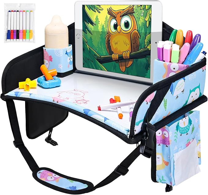Car Seat Tray,Toddler Road Trip Essentials With Drawing Kit | Road Trip Essentials Accessories Lap Tray with iPad Holder Stand & Dry Erase Board as Travel Gifts for Kid,Baby Blue by WENRENER