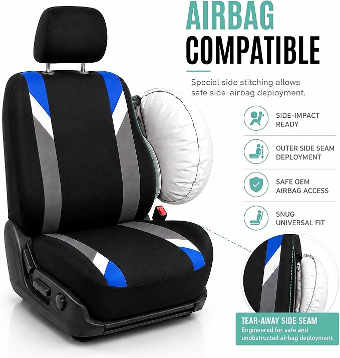FH Group Front Set Cloth Car Seat Covers for Low Back Car Seats with Removable Headrest, Universal Fit, Airbag Compatible Seat Cover for SUV, Sedan, Van Blue - Image 4