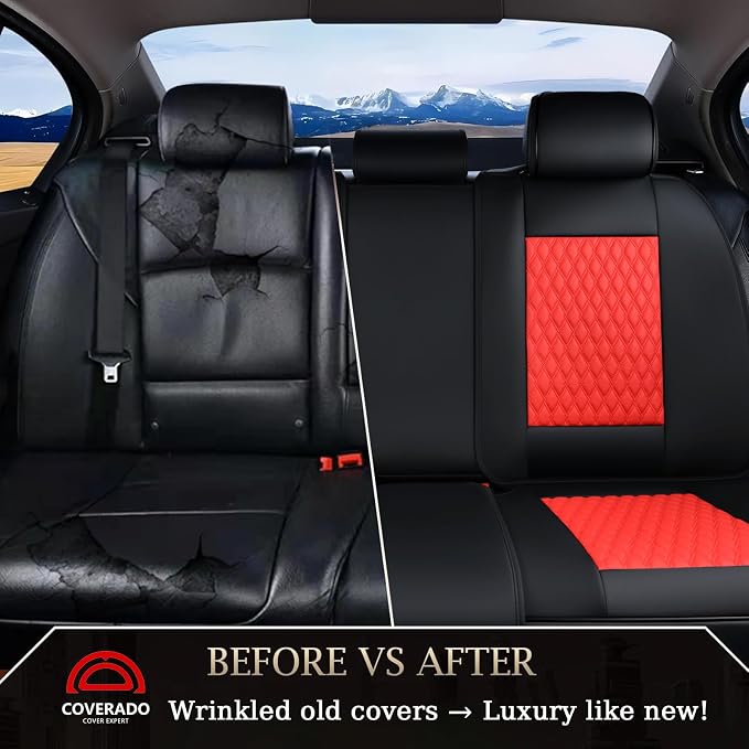 Coverado Leather Rear Seat Covers for Cars, Waterproof Back Seat Cover, Universal Automotive Seat Cushion Protector for Most Cars Trucks SUV (Black & Red Line) - Image 3