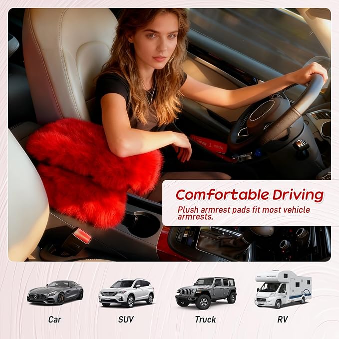 Fluffy Car Armrest Cover with Side Pockets – Plush Fuzzy Fur Center Console Armrest Cushion Pad, Universal Winter Car Interior Protector, Soft Arm Rest Cover with Storage for Women & Men (RED) - Image 6