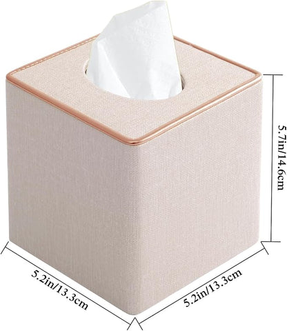 Linen Square Tissue Box Cover,Cube Tissue Box Holder－Excellent Rosegold Leather Decoration,Table Napkin Case Dispenser,Facial Tissues Organizer with Magnetic Bottom for Home Office Car(Beige) - Image 3