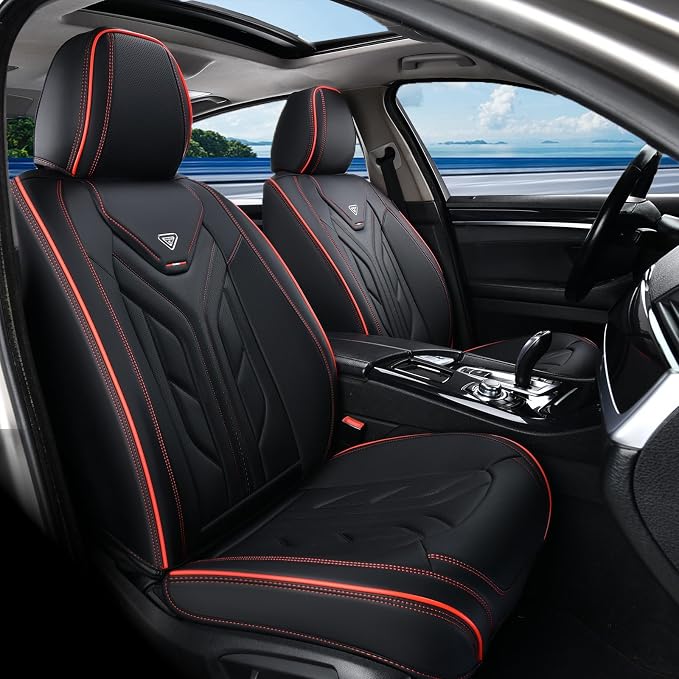 Coverado Seat Covers, Car Seat Covers Full Set, Leather Seat Covers for Cars, Automotive Seat Covers Car Seat Protector Car Accessories Fit for Most Sedans SUV Pick-up Truck(Black&Red) - Image 2