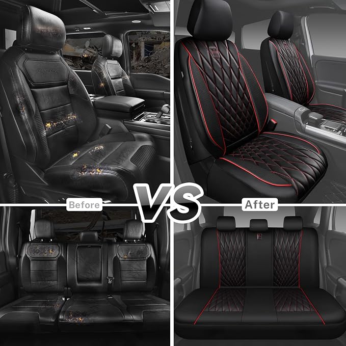 CAR PASS Piping Luxury Leather Seat Covers Full Set,5 Seats Anti-Slip Waterproof Seat Covers Compatible with Front Armrests,Universal Fit for Sendan SUV Van Truck,Airbag Compatible,Black and Red - Image 6