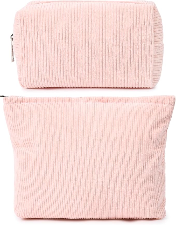SOIDRAM 2 Pieces Makeup Bag Large Corduroy Cosmetic Bag Capacity Canvas Mix Travel Toiletry Bag Organizer Cute Makeup Brushes Aesthetic Accessories Storage Bag for Women, Corduroy Mix Pink by SOIDRAM