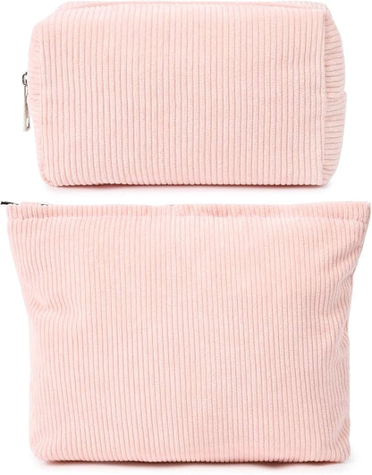 SOIDRAM 2 Pieces Makeup Bag Large Corduroy Cosmetic Bag Capacity Canvas Mix Travel Toiletry Bag Organizer Cute Makeup Brushes Aesthetic Accessories Storage Bag for Women, Corduroy Mix Pink by SOIDRAM