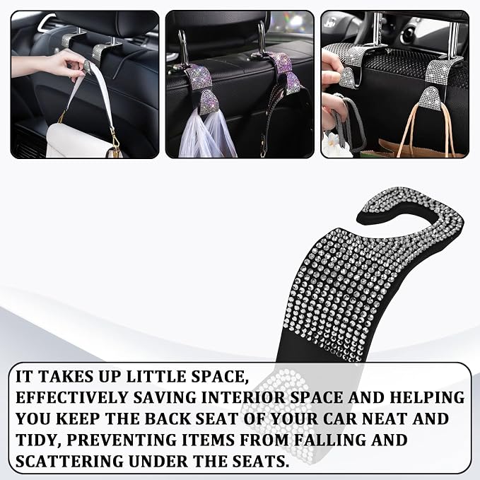 Bling Car Seat Headrest Hooks Car Accessories for Women Crystal Rhinestone Auto Seat Back Hanger Storage Organizer for Purse Handbag Coat, Universal Purse Hook for Cars SUV Truck（4PCS Silver - Image 5