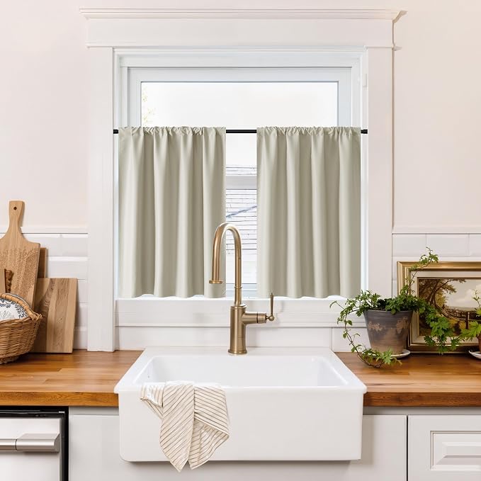 RYB HOME 100% Blackout Basement Curtains 24 inches Long, Heat & UV Blocking | Total Room Darkening, Noise Reducing, Curtains for Bathroom RV Campers, W34 x L24, Natural, 2 Panels by RYBHOME