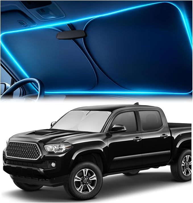 Windshield Sun Shade for Toyota Tacoma 2016-2023 2024 2025 – Custom Fit Sun Shield with Mirror Cut‑Out, Blocks Heat & UV, Foldable with Storage Pouch - Toyota Tacoma Windshield Sunshade by Autopect