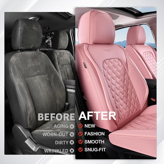 Coverado Full Set Car Seat Covers, Luxury Faux Leather Waterproof Seat Covers, Pink Car Seat Protectors, Universal Fit for Most Cars, Automotive Seat Covers-Pink - Image 9