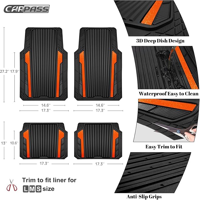 CAR PASS Heavy Duty Rubber Car Mats Metallic, Aluminum Film All Weather Floor Mats Waterproof Universal Trim to Fit SUVs Sedans Vans 4 Piece Anodized Deep Dish Two-Tone Sporty Black Orange Chrome - Image 4
