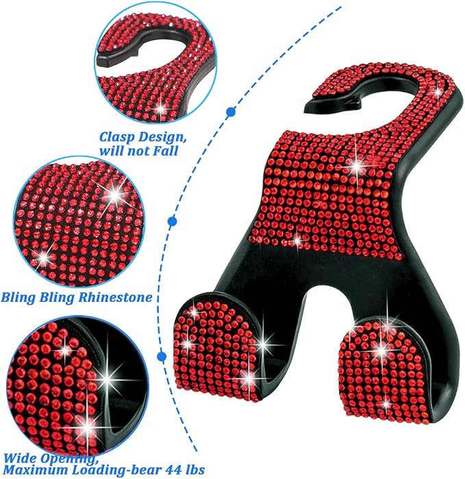 Bling Car Purse Hooks 2Pcs, Rhinestones Car Headrest Hook Backseat | Double Hooks,Holds 44Lbs,Wide Opening,Durable Nylon,Car Seat Hook,Purse Holder,Bling Car Accessories for Women,Red - Image 7
