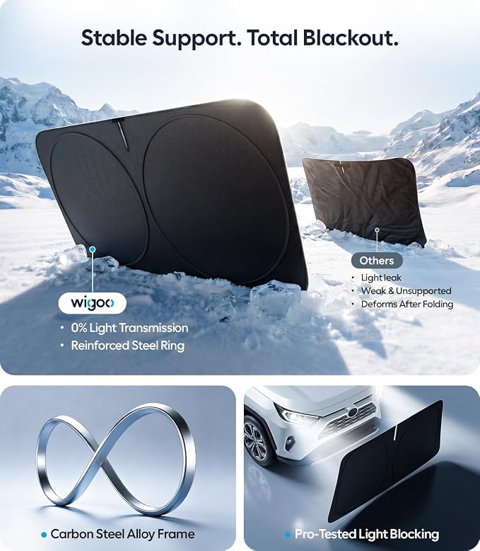Wigoo Windshield Sunshade X-Small(59"x21") | Better Coverage with Adjustable Center, 100% Light Blocking, Cooling Tech Durable Fabric, Includes Storage Bag, Odor-free - Image 6