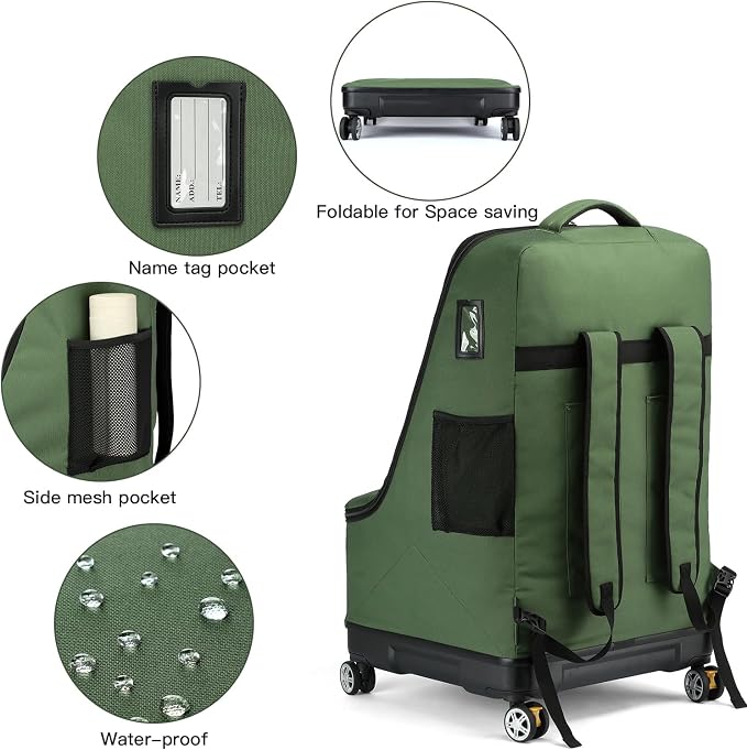 TUGUAN Car Seat Travel Bag for Airplane with Spinner Wheels, Infant Car Seat Bags for Air Travel with Hard Bottom, Padded Car Seat Backpack, Large Car Seat Storage Bag Airport Check, Green - Image 5