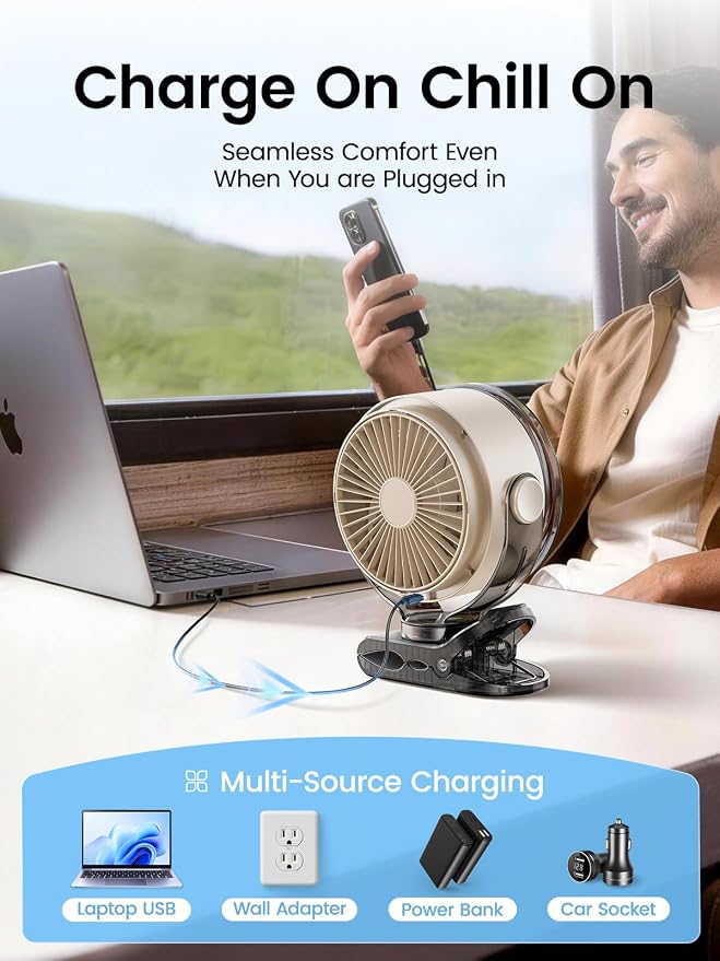 Clip on Fan, Rechargeable USB Fan with Sturdy Clamp, LED Display, 100 Speeds, 3000mAh Battery, 360° Rotation, 5.5 Inch Portable Fan for Stroller Bed Camping Treadmill Car White - Image 9