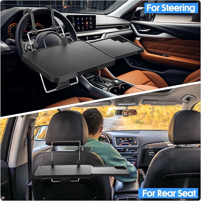 Large Car Steering Wheel Tray Back Seat Headrest Steering Wheel with Phone Holder Desk Food Table for Eating Food and Writing Work, Car Desk Laptop Mount Gifts for Father Truck Driver(2 in 1) - Image 2
