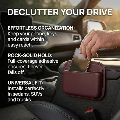 Car Seat Side Pocket Organizer, Self-Adhesive Leather Vehicle Seat Console Storage Pouch Box for Phones, Keys, Pens, Auto Interior Door Organizer Pocket Bag, Universal for Vehicles (Wine Red) - Image 3