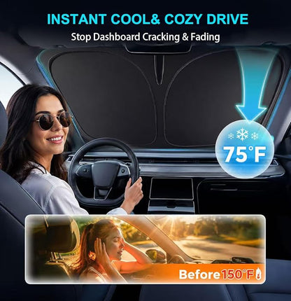 2026 New Upgrade Car Windshield Sun Shade Umbrella 300T Oxford | 57.08x31.5 Inch Fits Sedan SUV Truck Blocks UV & heat scratch resistant foldable with storage pouch protects dashboard - Image 3