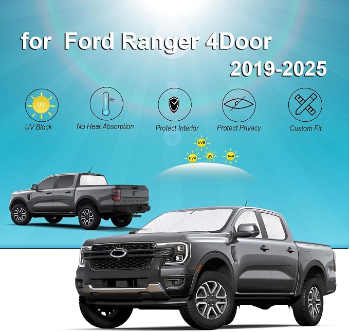 KMF 6pcs Thicken Sun Shade for Ford Ranger 4Door 2019-2025 2026 Accessories,Full Car Window Covers Sunshade for Windshield Side Rear, UV Block and Privacy Blackout for Camping Outdoor - Image 6