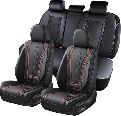 Coverado Car Seat Covers Full Set, Leather Seat Coversfor Cars, Front and Back Seat Covers, Waterproof Car Seat Protectors Car Seat Cushions Universal for Most Vehicles, Black&Redline by COVERADOAUTO