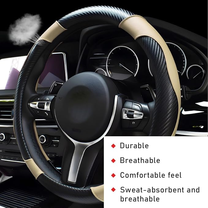 povtii Car Steering Wheel Cover, 15 Inch Leather Breathable Auto Steering Wheel Protector, Comfortable Non-Slip Vehicle Steering Wheel Covers, Universal Car Accessories (Beige, with Lining) - Image 4