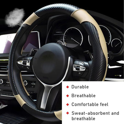 povtii Car Steering Wheel Cover, 15 Inch Leather Breathable Auto Steering Wheel Protector, Comfortable Non-Slip Vehicle Steering Wheel Covers, Universal Car Accessories (Beige, with Lining) - Image 4