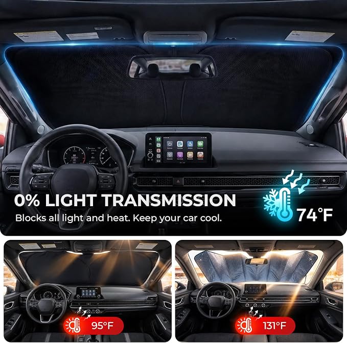 [2026 Upgraded] DooGooCoo Windshield Sun Shade for Honda Accord 2023-2025 2026 [Cooling Ice-Crystal, 100% Sun Block ] Sunshade for Car Windshield for Honda Accord Sun Shade, Custom Fit Accord. - Image 5