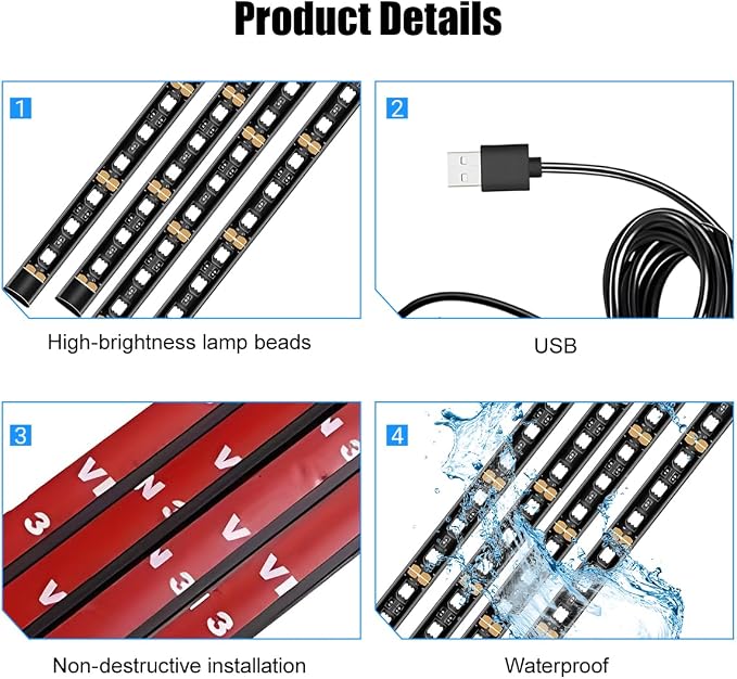 Car LED Strip Light, 12V 48 LED Vehicle Under Dash Neon Ambient Night Decor Lamp with USB Port, Automotive Interior Lighting Accessories, Universal for SUV Truck Sedan (Orange) - Image 4