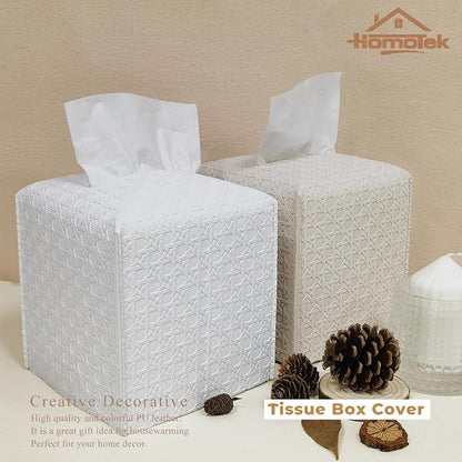HOMOTEK 2 Pack Tissue Box Cover,PU Leather Tissue Holder,Square Decorative Facial Tissue Cube Paper Organizer Dispenser for Bathroom, Night Stands, Desk, Car 5X5X5'' - Rattan Weave, Pure White - Image 6