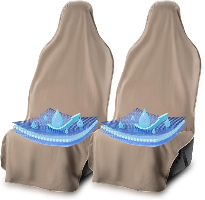 UltraSport Waterproof Towel Car Seat Cover, Universal Fit, Sweatproof & Odor-Resistant Front Seat Protector, Quick-Dry, Machine Washable for Gym, Pets, Travel, Outdoor Adventures, Tan, 2-Pack by WaterproofSeatShield