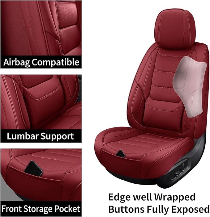 Leather Car Seat Covers Full Set Automotive Seat Protectors | Breathable Waterproof Durable Full Surround & Lumbar Support Design Non-Slip Universal Fit for Most Cars SUVs Trucks Vans Red - Image 4