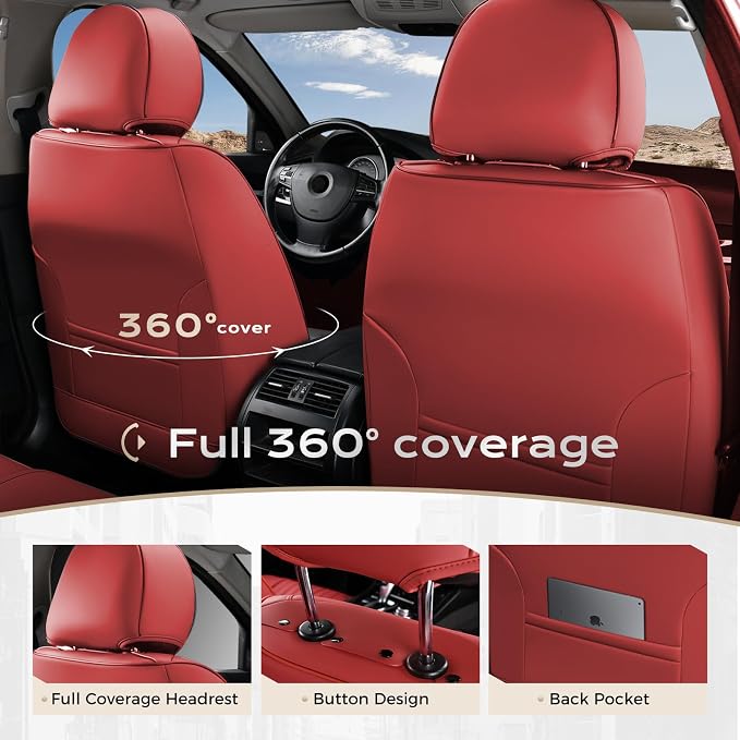 Coverado Car Seat Covers Front Seats, Seat Covers for Cars, Car Seat Protector, 2-Pack Car Seat Cushion Nappa Leather, Waterproof Seat Covers Carseat Cover Universal Fit for Most Cars Trucks(Red) - Image 5