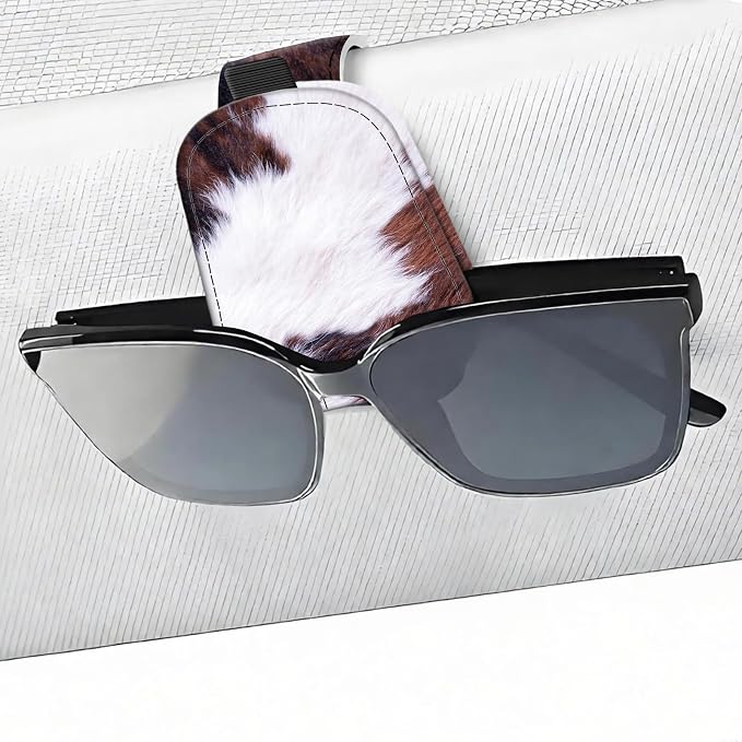 Leather Magnetic Sunglass Holder for Car Sun Visor, Cute Eyeglass Ticket Card Hanger Clip, Universal Auto Interior Accessories for SUV Pickup Truck, Brown Cow by Unknown