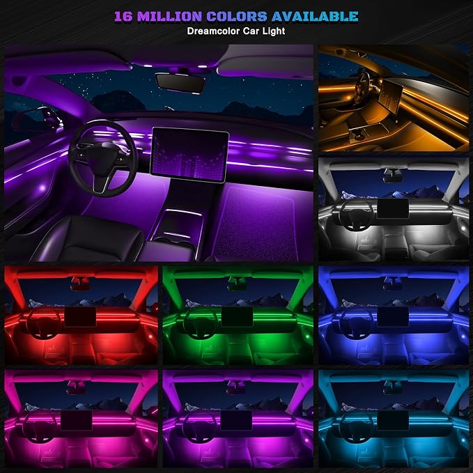 RGB Acrylic Interior Car LED Strip Light with Wireless APP, 14 in 1 with 175 inches 593 LEDs Neon LED Strip Light, 16 Million Colors Dynamic Music Sync Car Ambient Lighting Kits - Image 2