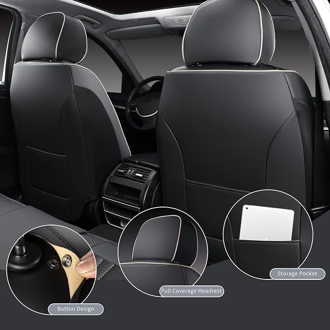 MINGBRON Seat Covers for Cars, Waterproof Seat Covers, Leather Car Seat Covers 2 Pack, Universal Seat Cushion Protector for Most Cars Black&Beige Line - Image 3