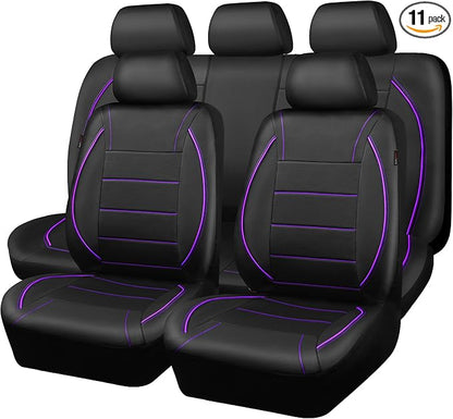 CAR PASS Piping PU Leather Car Seat Cover,Inside Zipper Design and Reserved Opening Holes Airbag Compatible,Universal FIT for Car, SUVs,Van,Trucks,Full Set, Black & Purple by CARPASS