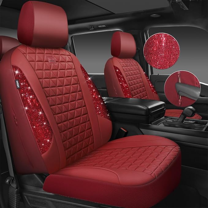 CAR PASS Bling Diamond Burgundy Leather Car Seat Covers Full Sets Interior Sets, Waterproof Shining Glitter Sparkly Crystal Universal Armrest Fit Automotive Truck SUV Cute Women Girl, Red Rhinestone - Image 8