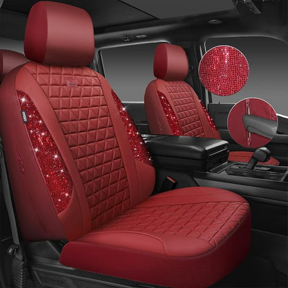 CAR PASS Bling Diamond Burgundy Leather Car Seat Covers Full Sets Interior Sets, Waterproof Shining Glitter Sparkly Crystal Universal Armrest Fit Automotive Truck SUV Cute Women Girl, Red Rhinestone - Image 8